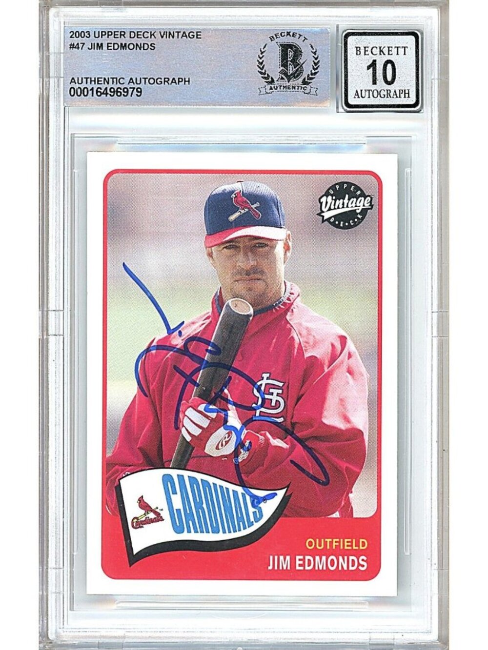 Jim Edmonds Signed 2003 Upper Deck Vintage #47 Cardinals BGS Auto 10 BAS Slabbed